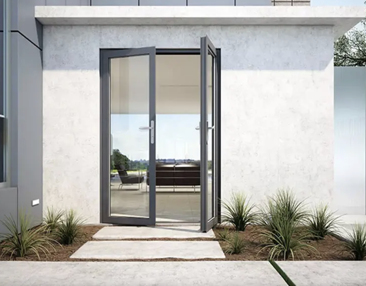 Black Rhino aluminum hinged door system with modern design and minimal frames